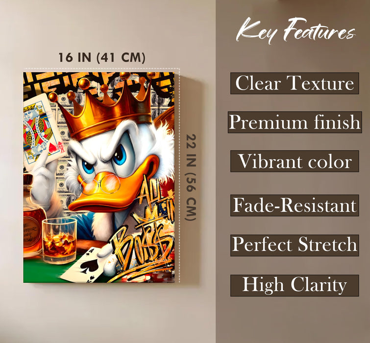 Luxury Pop Art Duck King Wall Painting | Casino Royal Graffiti Art Stretched Canvas Print | Modern Money, Poker & Crown Theme Wall Décor, 41x56 cm