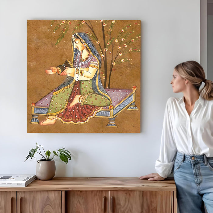 Mughal Miniature Wall Art Painting For Living Room, Rajasthani Traditional Indian Lady Playing Drum Under Tree, Stretched Canvas wall Art Poster for Living Room, Office & Home Decor (56xx56 cm)