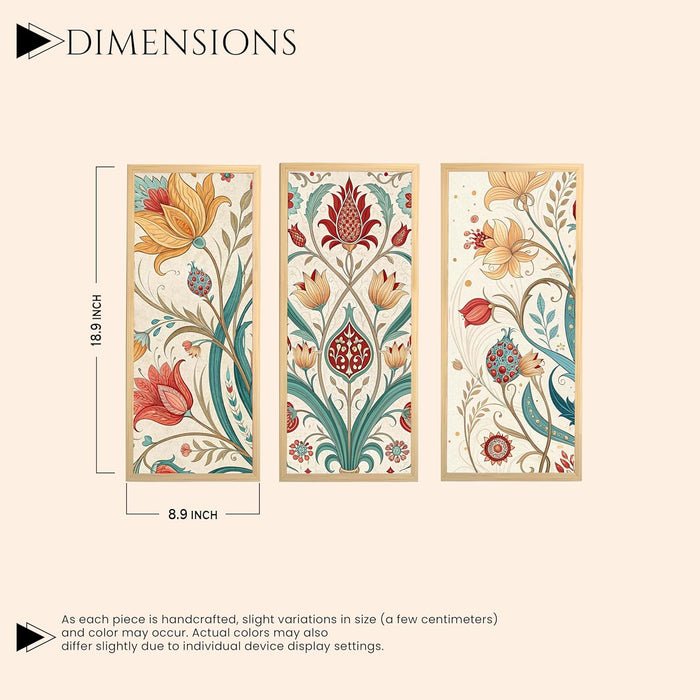 Framed Art Print Set of 3 Floral Turkish and Islamic Wall Art Prints Madhubani-Inspired Indian Prints Wall Hanging Frame Beige 25x48 cm