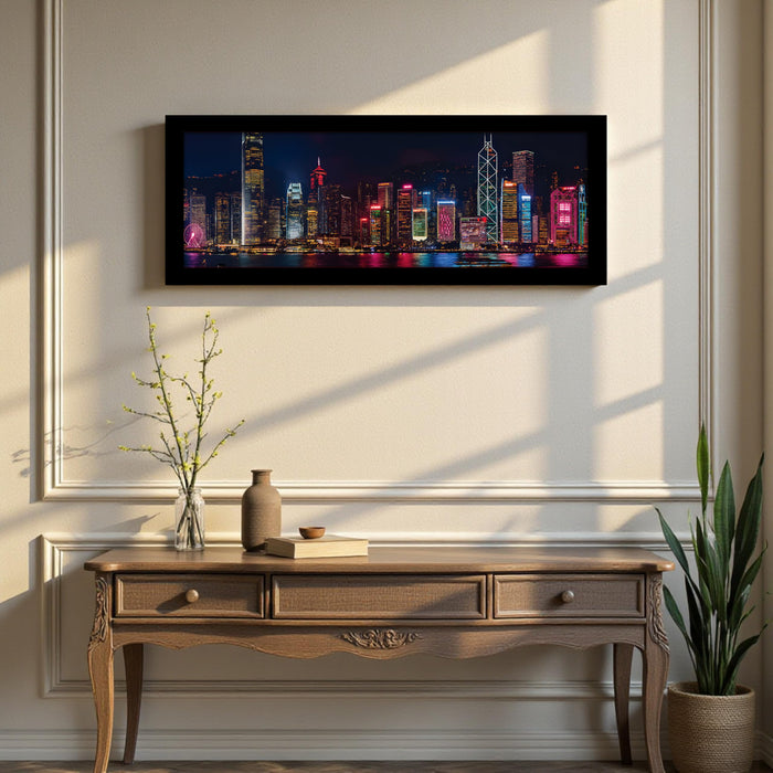 Vibrant Hong Kong Skyline at Night Cityscape Wall Art Framed Luxury Paintings for Home Decoration, Living room, Bedroom and Office Decoration (99x38 CM)