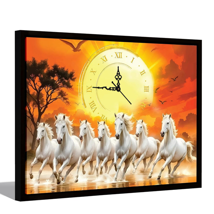 Landscape Abstract Vastu 7 White Running Horses Feng Shui Multicolor Framed Canvas wall art With Clock | Painting with clock | For Vastu Friendly Place, Living room, Bedroom 43x58 cm
