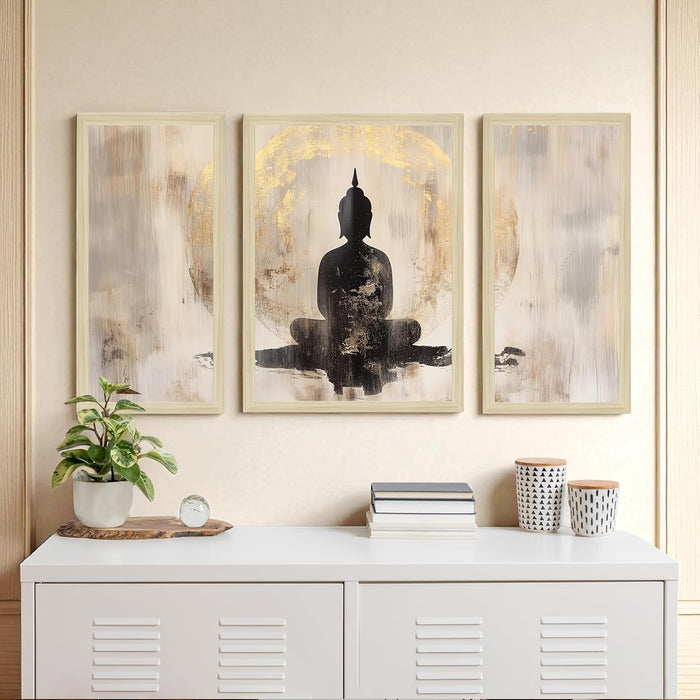 Buddha Floral Abstract Framed Wall Art Painting Home Décor Pack Of 3 | Digital Scenery Painting with Frame, Office Set Of 3, 22x46 cm, 33x44 cm
