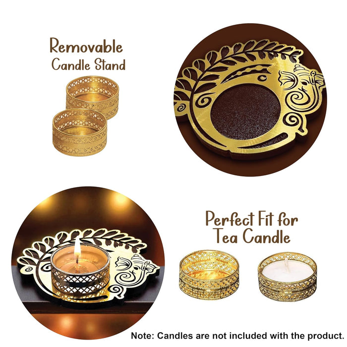 Decorative Diwali Tealight Diya Holders for Home Decoration, Dipawali Décor Items, Diwali Temple Decoration - MDF Wood Tea Light Candle Holder Deity Ganesha Motif Stand –11x11 cm