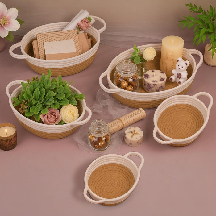 Jute Basket Round Shape Foldable Gift Basket, Storage and Organizer Jute Baskets with Handle (Set of 5)