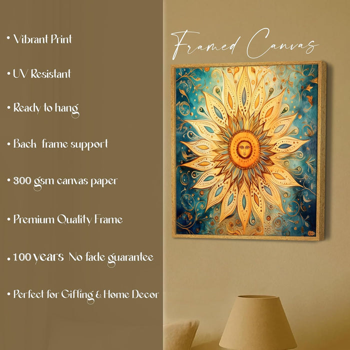 Multicolor Abstract Canvas Framed Painting Wall Art - Mustard Teal Beige Folk Art Sun Abstract Canvas Wall Décor Painting (58x58 cm)