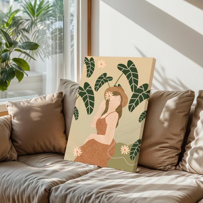 Abstract Women desert botanical Stretched Canvas Wall Art Modern Boho Illustration Painting for Home & Office Wall Decor, (16x22 Inch)