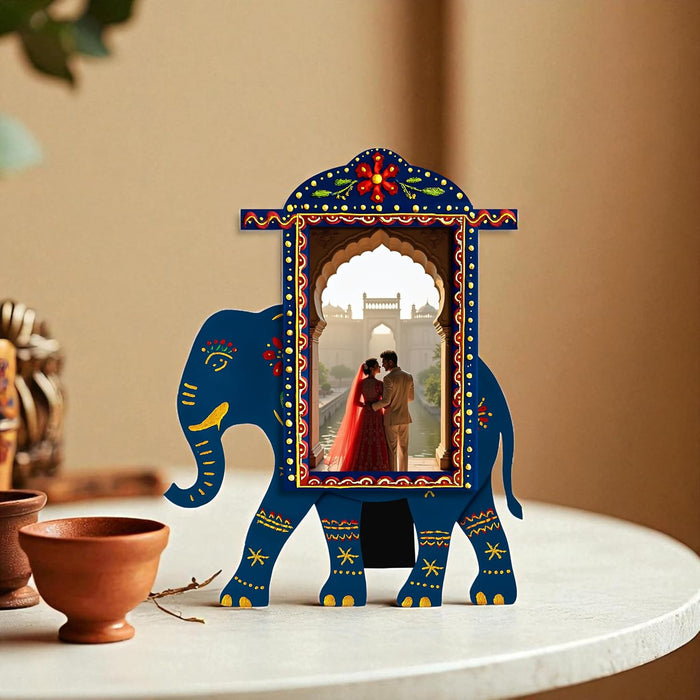 Elephant Photo Frame Handcrafted Indian MDF Decorative Tabletop Frame Ethnic Rajasthani Handpainted Wooden Elephant Photo Frames 18x22 cm