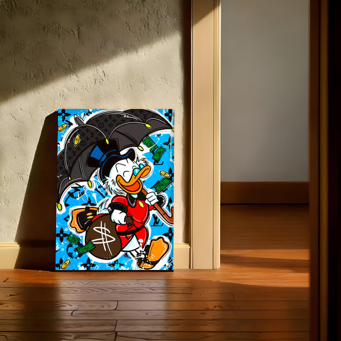 Luxury Cartoon Duck Pop Art Stretched Canvas Painting Print | Money & Success Theme Street Art Wall Décor | Modern Graffiti Style Artwork for Home & Office, 41x56 cm