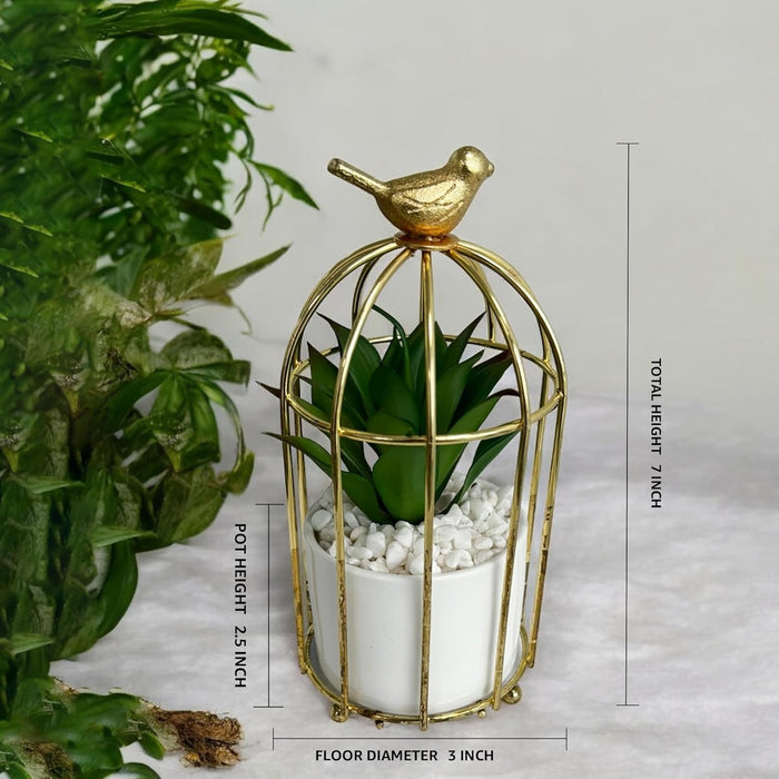 Art Street Artificial Plant & Pot in Gold Metal Cage with Bird, Fake Aloevera Plant in Pot for Home, Table, Window, Living Room, Bedroom, Office (White, Size: 3x7 Inch)