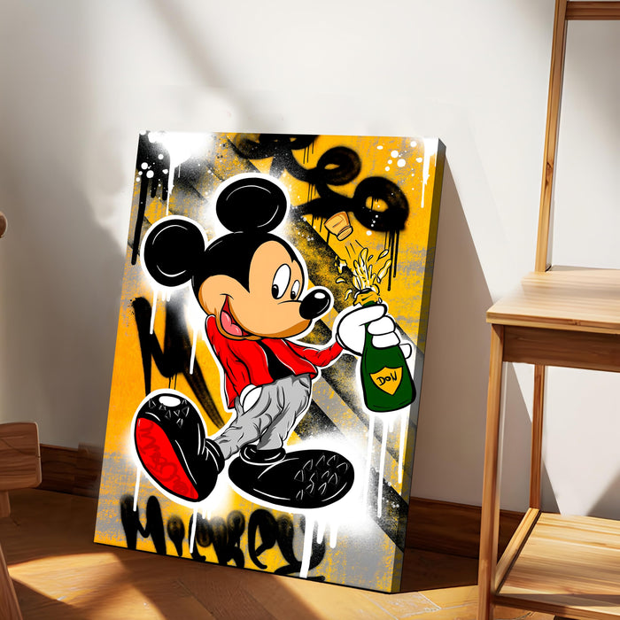 PAINTINGMANTRA Cartoon Mouse Champagne Stretched Canvas Painting Print| Graffiti Style Pop Art Wall Décor | Modern Street Art Canvas for Home & Office, 41x56 cm