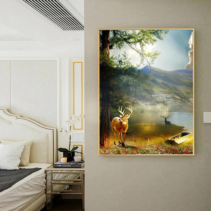 Colorful Mother & Child Deer in the Forest Framed Decorative Wall Art, Framed Canvas Painting (Size:23x35 Inch)