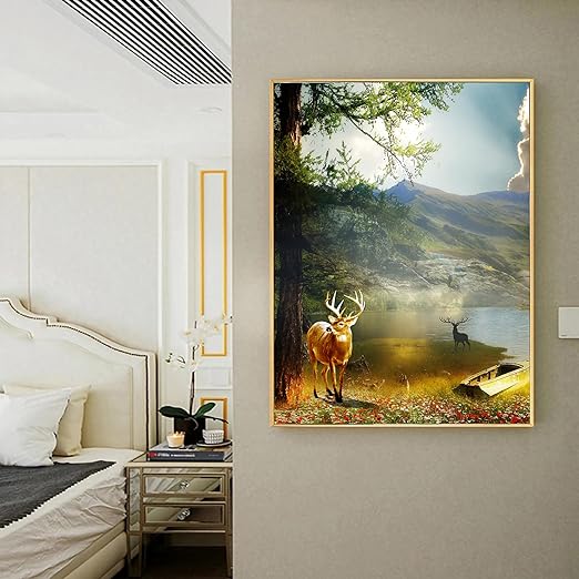 Art Street Canvas Painting Nordic Golden Deer in the Forest Framed Decorative Wall Art (Size:23x35 Inch)