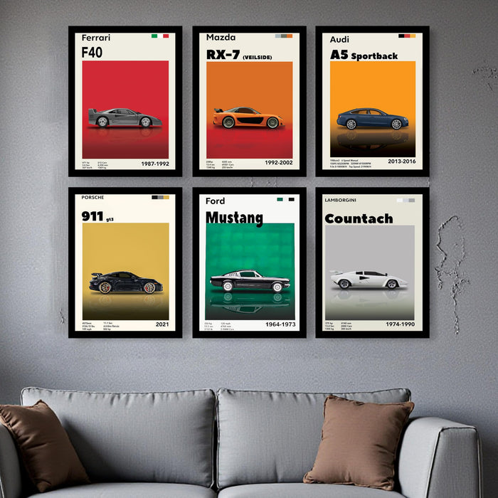 Iconic Car Painting With Frame for living room, Sports Car Framed Wall Art Painting for Home Decor Set of 6, Size 13 by 9 Inch