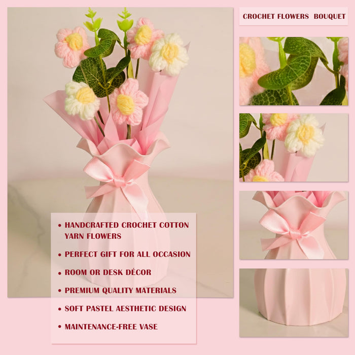 Art Street Handmade Knitted Flower Bouquet with Pink Ribbon Reusable Vase – Artificial Wool Flowers & Eucalyptus Arrangement | Home & Office Table Décor | Gift for Valentine Day
