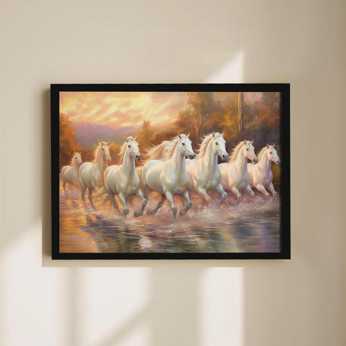 Abstract Wall Art Eight Running Horses Vastu Feng Shui Multicolor | Digital Painting Framed with Engineered Wood Frame (17x23 Inch)