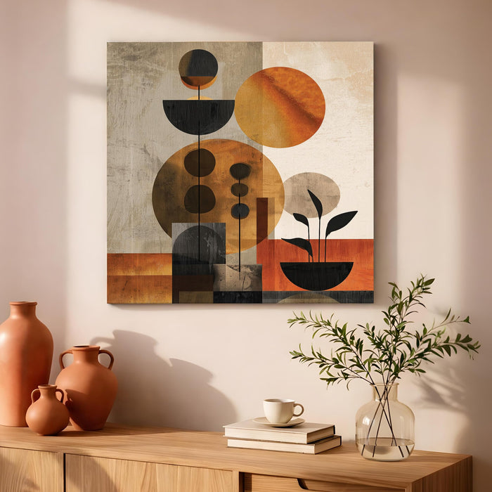 Boho Botanical Stretched Canvas Painting For Living Room | Mid-Century Abstract Wall Art Large Canvas Painting For Livingroom Home Decor, Bedroom, Hallway's, Office, Hotel - 86x86 cm