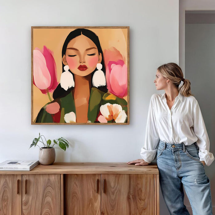 Botanical Woman Portrait Framed Painting For Living Room | Modern Floral Abstract Large Canvas Painting With Frame Wall Art For Bedroom, Hallway's, Office, Hotel, Size 58x58 cm