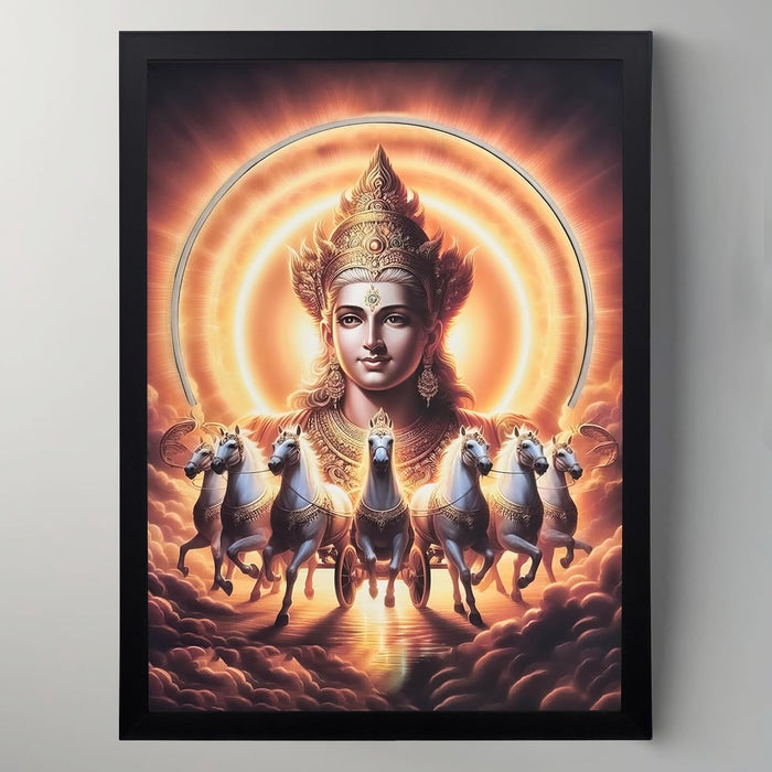 Surya Dev LED Wall Art, Vastu & Feng Shui Painting with LED Light, Spiritual Artwork of Surya Dev Riding Seven White Horses, Wall Decor 43x58 cm