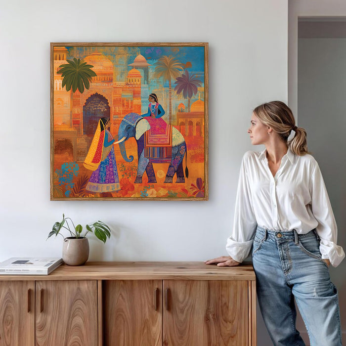 Rajasthani Elephant Folk Framed Painting For Living Room | Indian Traditional Large Canvas Painting With Frame Wall Art For Bedroom, Hallway's, Office, Hotel, Size 58x58 cm