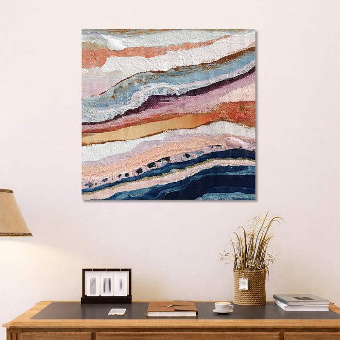 Abstract Stretched Canvas Wall Art Painting For Living Room, Modern Abstract Layered Coastal Landscape, Blue, Pink & Coral Textured Painting for Living Room, Office & Home Decor (56xx56 cm)