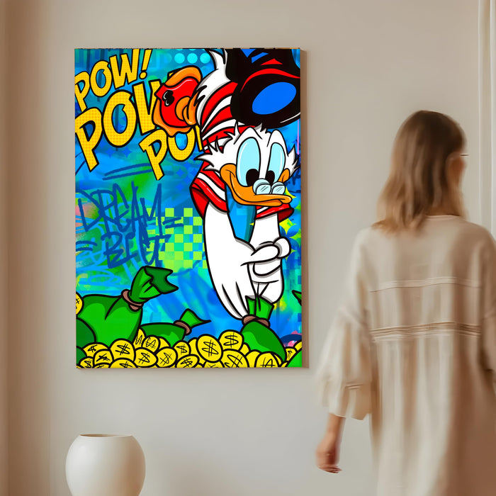 Pop Art Cartoon Duck Money Wall Painting | Comic Graffiti Style Stretched Canvas Art Print| Modern Street Wall Art for Home & Office, 56x86 cm