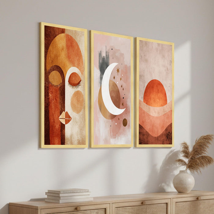 Abstract Face & Celestial Framed Wall Art Set of 3 | Modern Boho Art Prints with Engineered Wood Frame | Wall Décor for Living Room, Bedroom & Office, 8.9x18.9 Inch