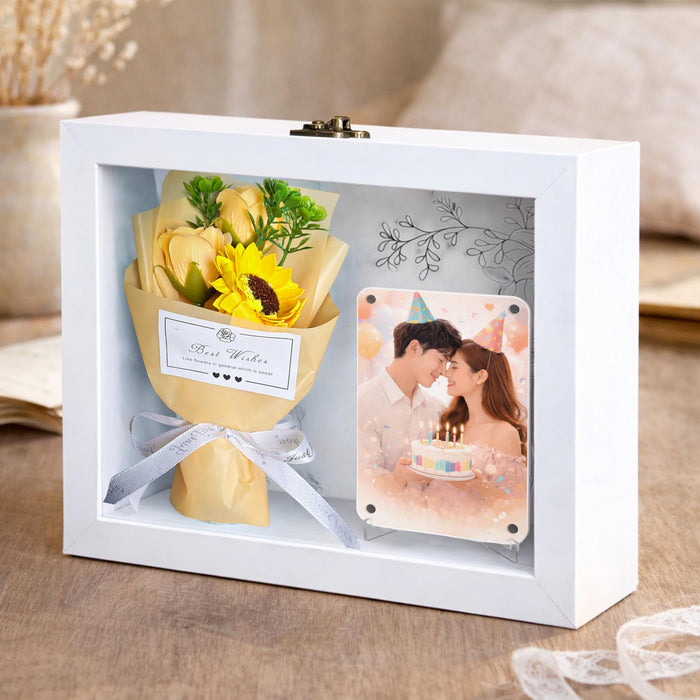 Mother's Day Flower Gift Box for Memories with Flower Bouquet and Fridge Magnet, Beautiful Moments in a Shadow Box, for rakshabandhan, Anniversary Gifting, Elegant Home Decor Display (Size: 18x23 cm)