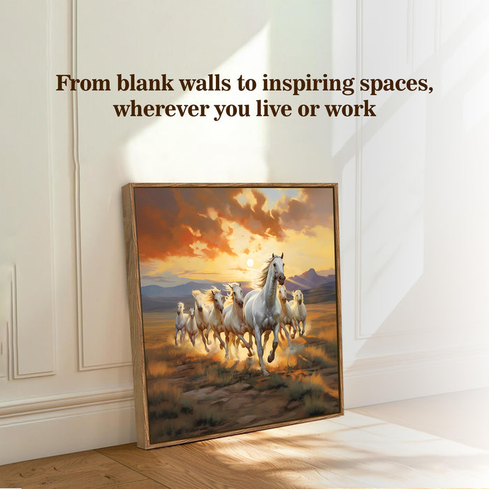 Vastu 7 Running Horses Framed Painting For Living Room | Feng Shui White Horse Large Canvas Painting With Frame Wall Art For Bedroom, Hallway's, Office, Hotel, Size 58x58 cm