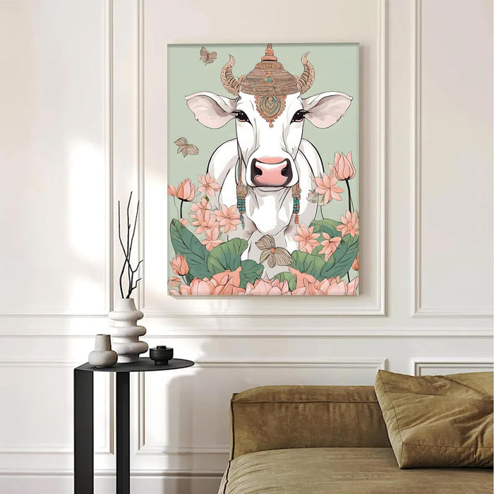 Portrait Stretched Canvas Lotus and Deity Cow Traditional Indian Wall Art Print D̩cor | Printed on Canvas Stretched on Wood, 41x56 cm