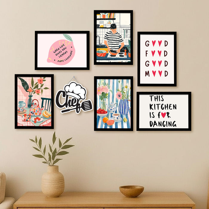 Kitchen Wall Art Framed Painting Modern Food & Quote Painting with Frame Painting for Kitchen, Bar Lounge, Dining & Restaurant Set of 7 (1 MDF wall Hanging) 9x13 Inch