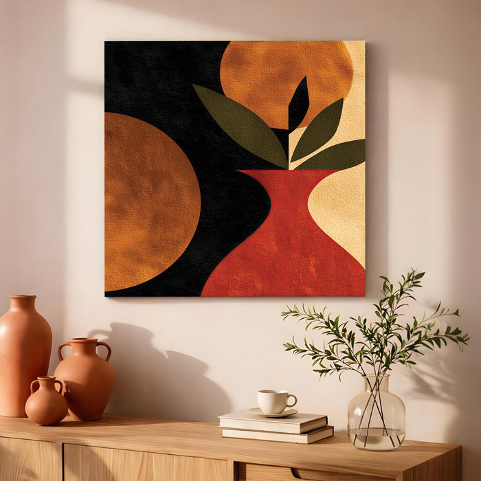Boho Botanical Stretched Canvas Painting For Living Room | Abstract Vase Leaf Wall Art Large Canvas Painting For Livingroom Home Decor, Bedroom, Hallway's, Office, Hotel - 86x86 cm