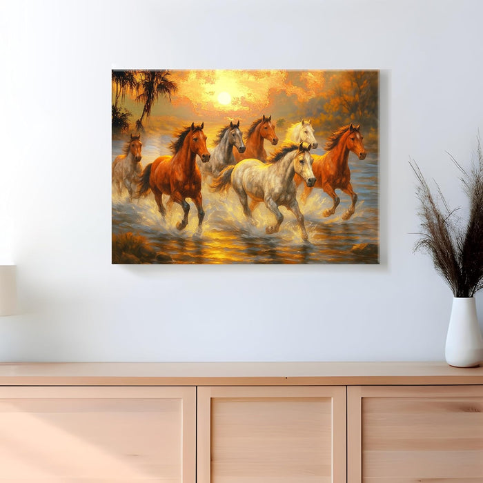 Seven Running Horses Wall Art Vastu Feng Shui Multicolor | Canvas Painting Stretched on Wood | Suits For Vastu-Friendly Place (16x22 Inch)
