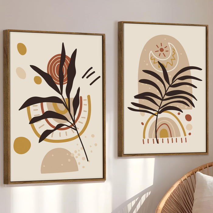 Boho Leaf Flower Moon and Sun Canvas Wall Painting Bohemian Large Wall Art Painting for Living Room Decoration, Stylish Large Wall Art Print for Wall Decor (Set of 2, 58x89 cm)