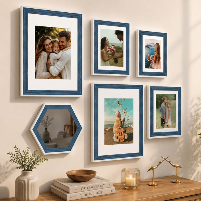 Art Street Blue Gallery Wall Photo Frame Set with Hexagon Mirror | Modern Collage Timeline Wall Decor for Living Room, Bedroom & Family Memories | Multi Size Frame Set