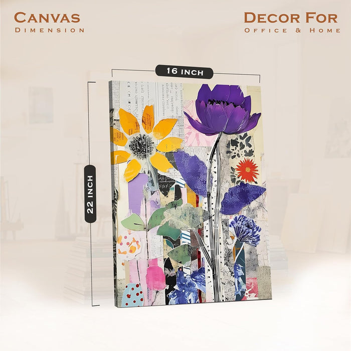 Abstract Collage Floral Art Newspaper Pattern in Multicolor | Digital Painting On Canvas Stretched on Wood (16x22 Inch)