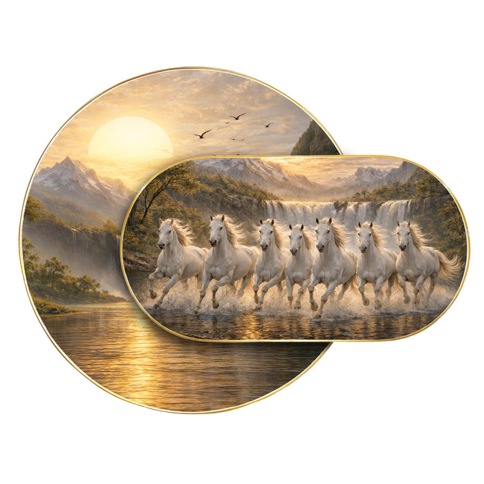7 White Running Horses Framed Painting For Living Room Abstract Vastu Sunrise Unique Layered Home Wall Decor- 56x82 cm