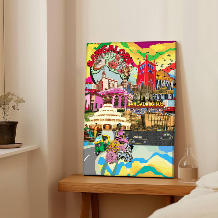 Bangalore Landmarks Collage Mixed Media Canvas Wall Painting | Travel pop art Canvas Wall Painting For Home and Office Wall Décor (41x56 cm)