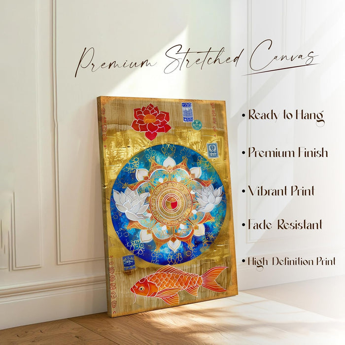 Abstract Mandala Art of Lotus and Koi Fish Multicolor Wall Art on Stretched Canvas – Frameless Unframed Gallery Wrap Canvas Wall Art 22x34 Inch