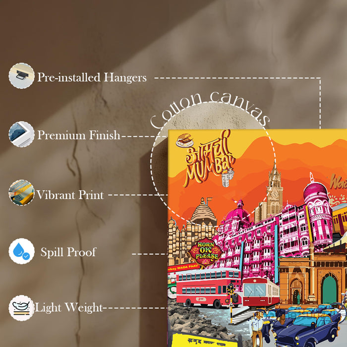 Mumbai Landmarks Collage Mixed Media Canvas Wall Painting | Travel pop art Canvas Wall Painting For Home and Office Wall Décor (41x56 cm)