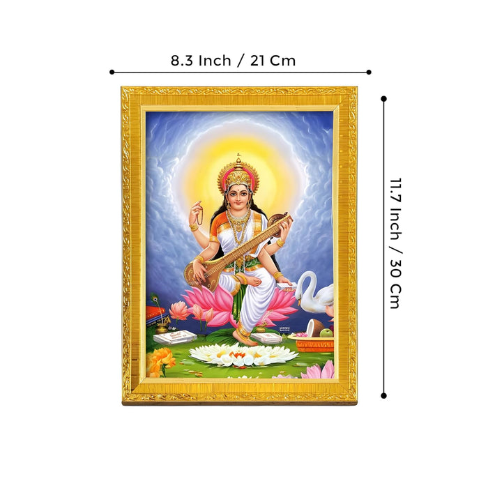 Divine Lakshmi Ganesh Saraswathi Goddess of Wealth Religious Golden Photo Frame Stand able and Wall Hanging for Temple, Mandir (21x30 cm)