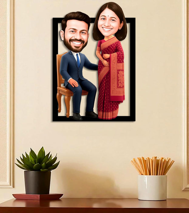 Customized Caricature Character Cartoon Photo Frame, MDF Wood Personalized Fantasy Anniversary Gift For Husband, Wife, Customised Gift For Friends & Family, Girlfriend, Boyfriend, Couples