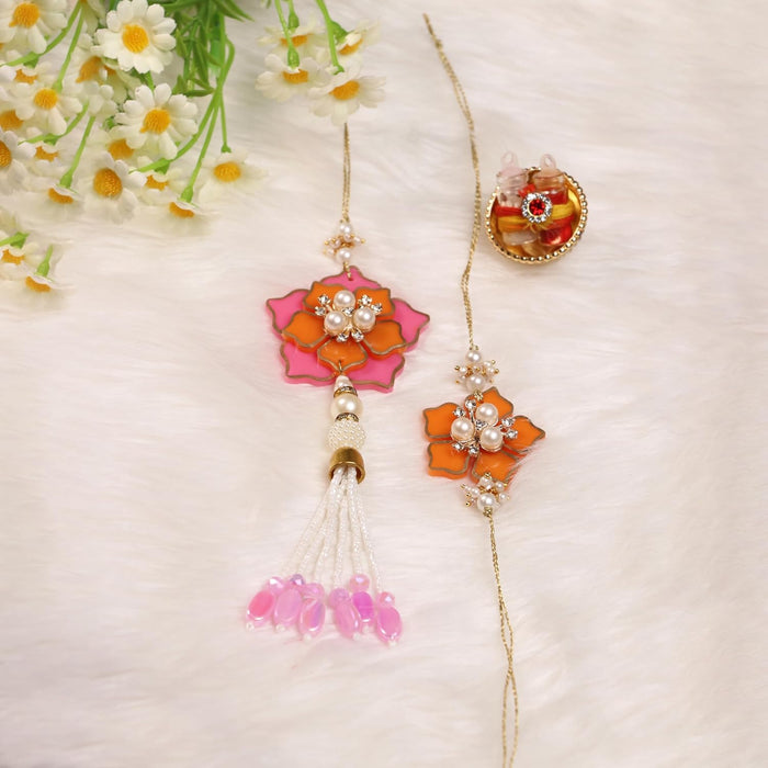 Rakhi Set for Brother and Bhabhi Premium Pink Flowers Design Rakhi with Roli and Chawal for Raksha Bandhan (Combo Of Two Rakhi)