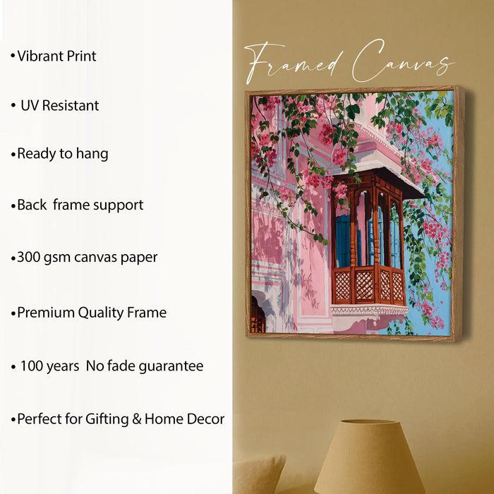 Jaipur Pink City Framed Painting For Living Room | Jharokha Art Large Canvas Painting With Frame Wall Art For Bedroom, Hallway's, Office, Hotel, Size 58x58 cm