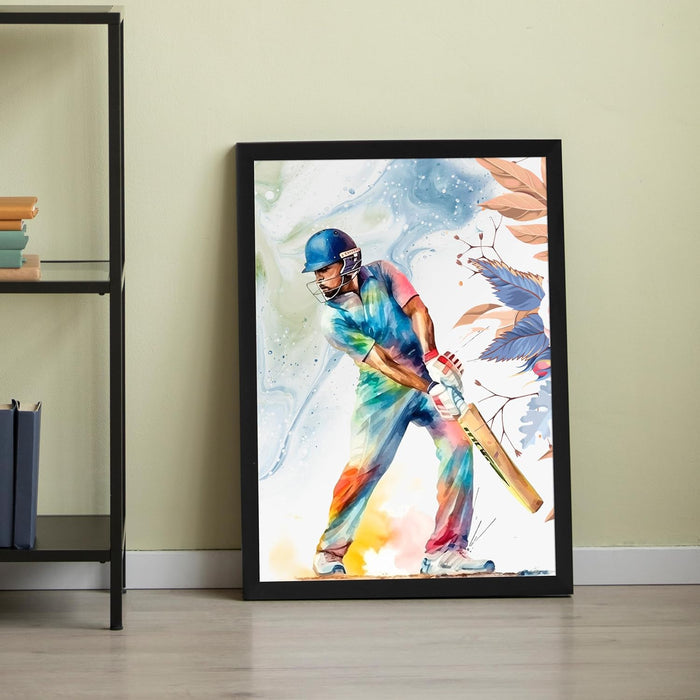 Art Street Cricket Batsman in Action Sports Framed Wall Hanging Poster For Home Decor, Living Room, Hotel and Office Decoration, (12.7x17.5 Inch)