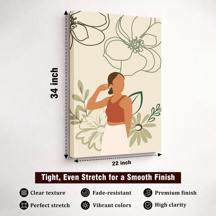 Boho Woman Floral Stretched Canvas Painting For Living Room | Feminine Figurative Stretched Canvas Wall Art For Livingroom Home Decor, Bedroom, Hallway's, Office, Hotel - 56x86 cm