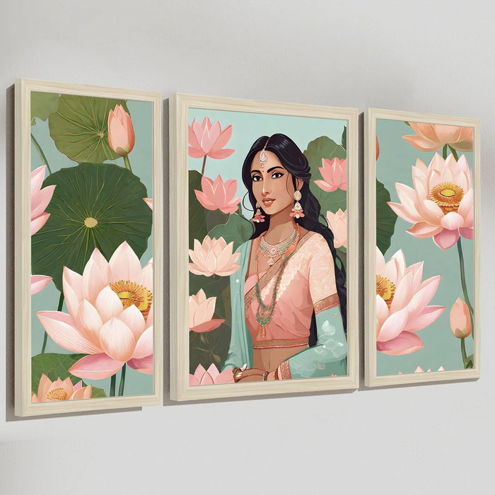 Botanicals Pichwai Framed Wall Art Painting Home Décor Pack Of 3 | Digital Scenery Painting with Frame, Set Of 3 22x46 cm, 33x44 cm