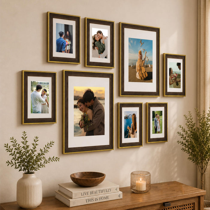 Art Street Rustic Brown & Gold Gallery Wall Photo Frame Set | Modern Memory Timeline Wall Decor for Living Room, Bedroom & Family Photo Collage Display