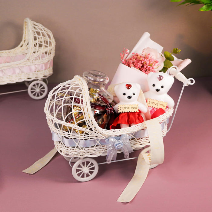 Gift Hamper Wicker Trolley, Mini Doll Stroller Shape Flower Basket/Gift Presenter, Organizer for Home and Table Décor (9x12 Inch)
