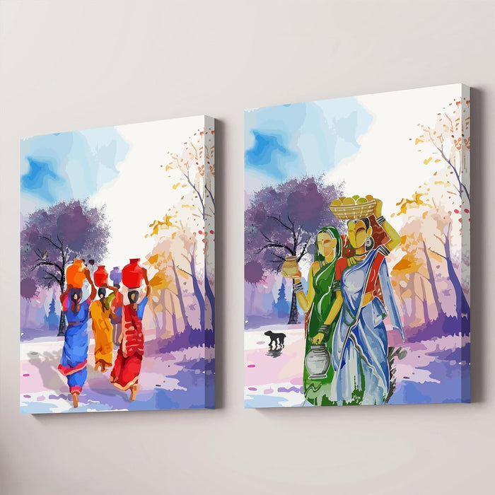 Art Street Set of 2 Stretched Canvas Painting of Rajasthani Women with Pot Modern Art for Home Decor, Living Room, Wall Hanging, (Size: 12x16 Inch)