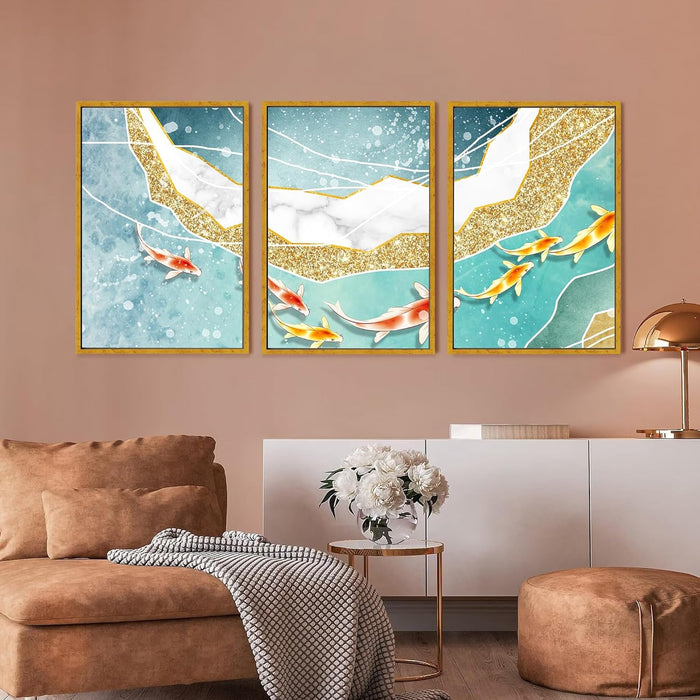 Art Street  Golden Fish In the Sea Canvas Painting For Home Décor(17x23 Inch, Set Of 3)